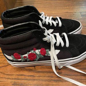Black vans high tops with red roses on a vine
